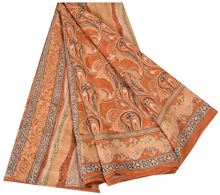 Sanskriti Vintage Sarees Indian Orange Printed Pure Silk Sari Soft Craft Sustainable Fabric