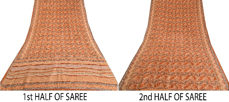 Sanskriti Vintage Sarees Indian Orange Printed Pure Silk Sari Soft Craft Sustainable Fabric