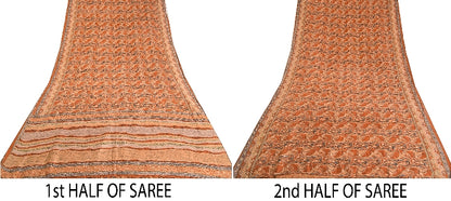 Sanskriti Vintage Sarees Indian Orange Printed Pure Silk Sari Soft Craft Sustainable Fabric