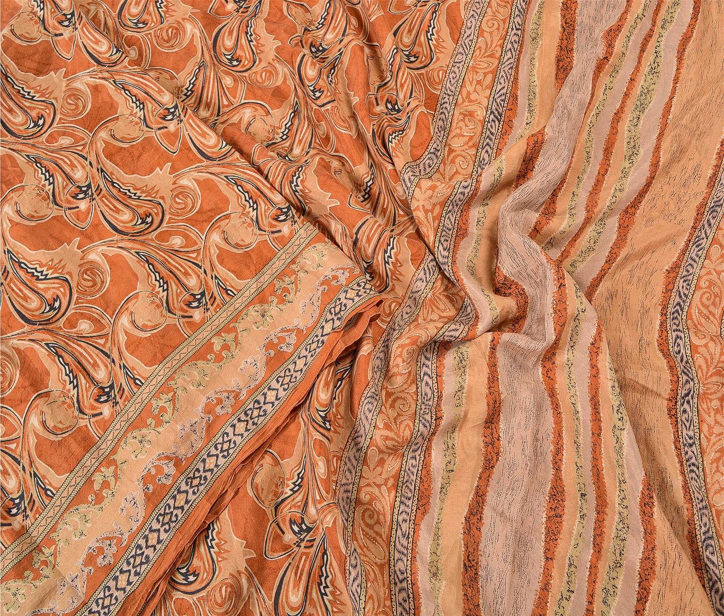 Sanskriti Vintage Sarees Indian Orange Printed Pure Silk Sari Soft Craft Sustainable Fabric
