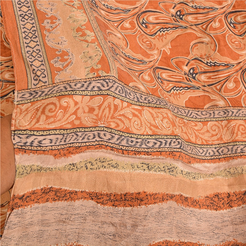 Sanskriti Vintage Sarees Indian Orange Printed Pure Silk Sari Soft Craft Sustainable Fabric