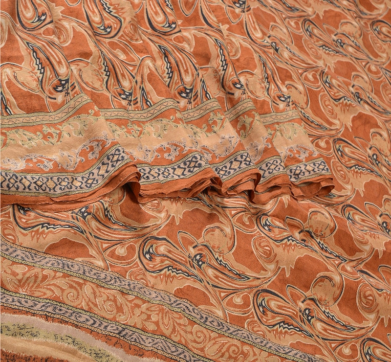 Sanskriti Vintage Sarees Indian Orange Printed Pure Silk Sari Soft Craft Sustainable Fabric