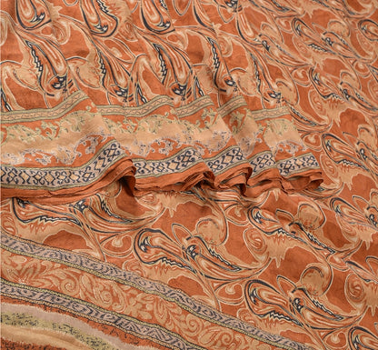 Sanskriti Vintage Sarees Indian Orange Printed Pure Silk Sari Soft Craft Sustainable Fabric