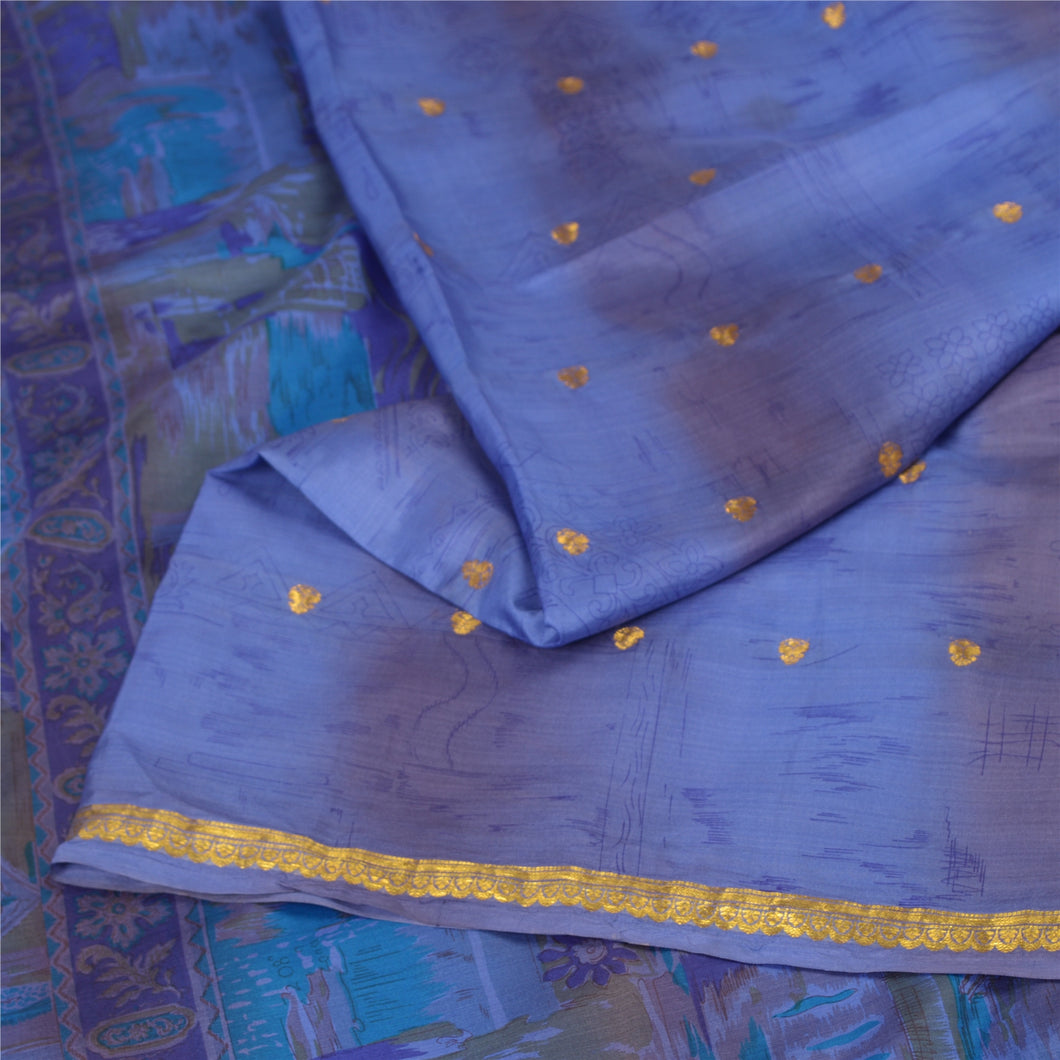 Sanskriti Vintage Sarees Blue Zari Border Pure Silk Printed Sari Craft Fabric