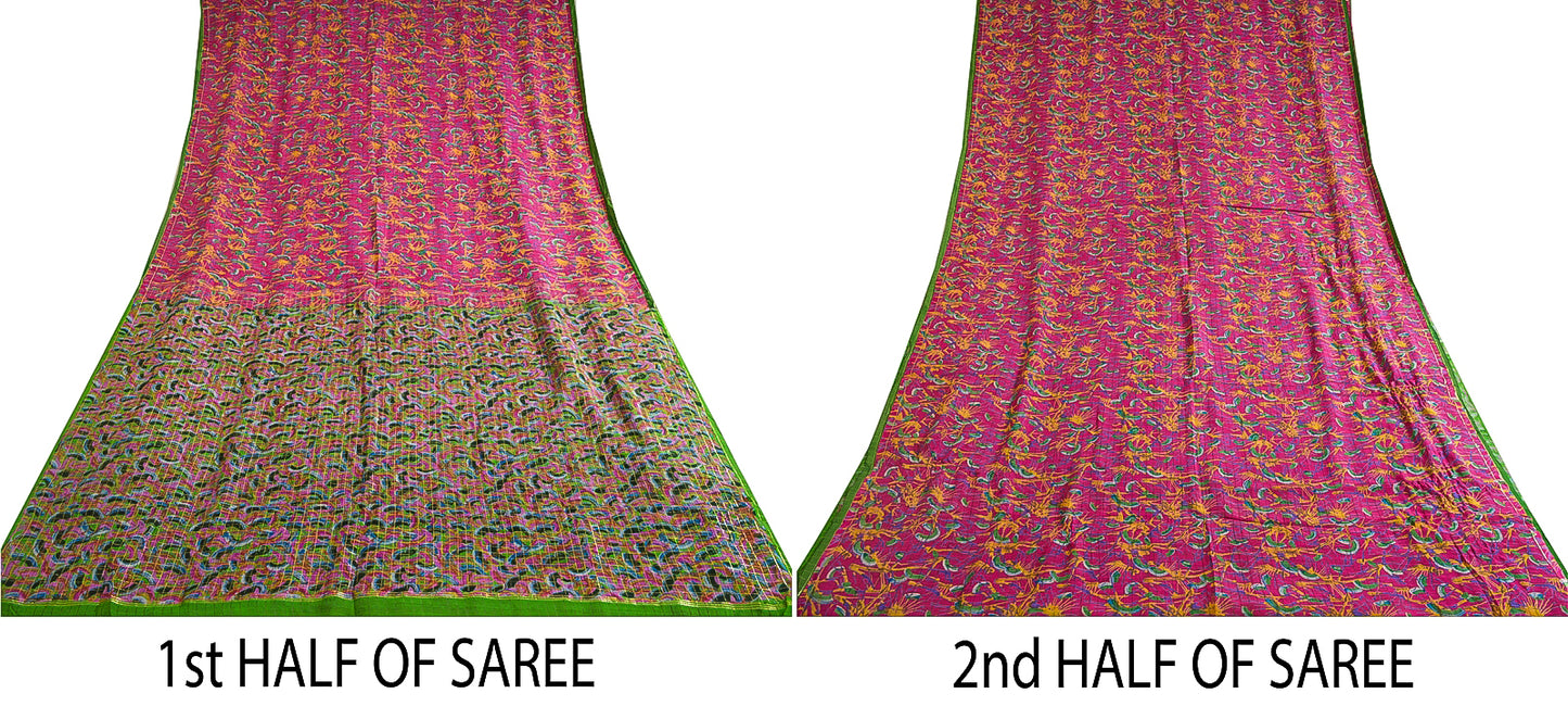 Sanskriti Vintage Sarees Indian Pink Pure Silk Printed Woven Sari Craft Sustainable Fabric