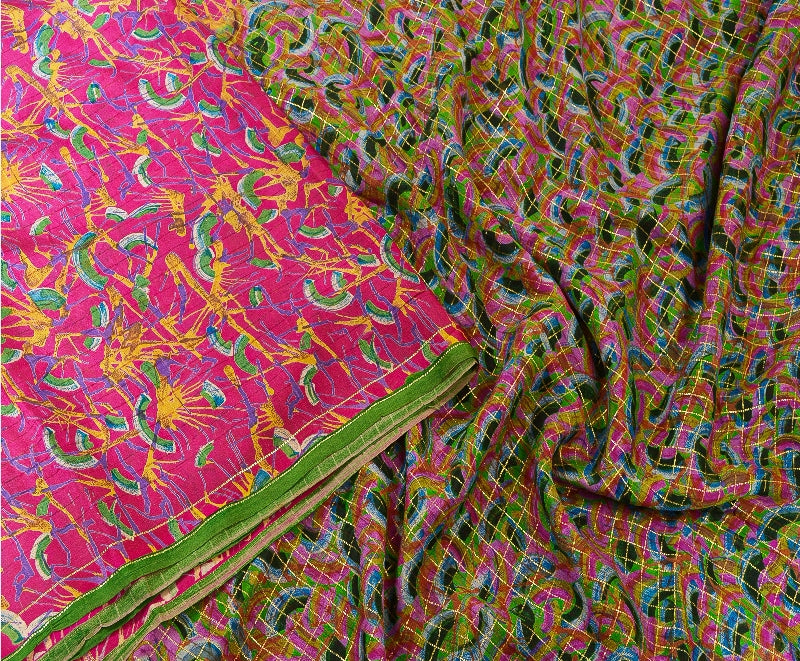 Sanskriti Vintage Sarees Indian Pink Pure Silk Printed Woven Sari Craft Sustainable Fabric