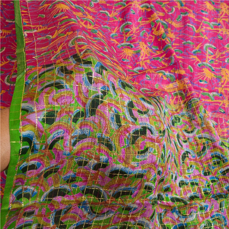 Sanskriti Vintage Sarees Indian Pink Pure Silk Printed Woven Sari Craft Sustainable Fabric