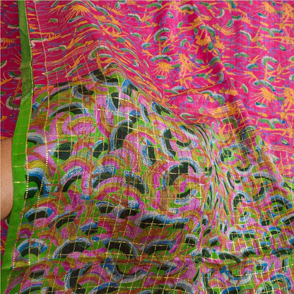 Sanskriti Vintage Sarees Indian Pink Pure Silk Printed Woven Sari Craft Sustainable Fabric