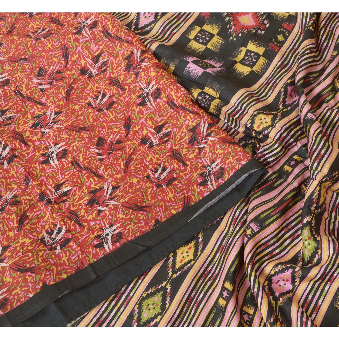 Sanskriti Vintage Sarees Indian Red Pure Silk Printed Sari Soft 5yd Craft Fabric