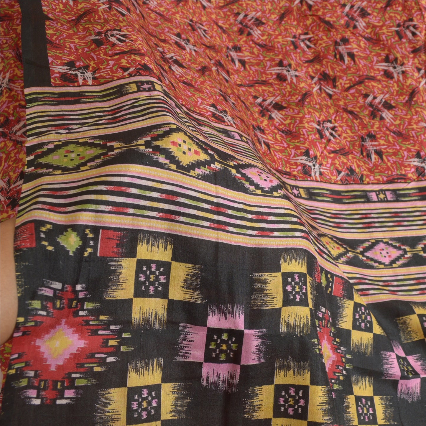 Sanskriti Vintage Sarees Indian Red Pure Silk Printed Sari Soft 5yd Craft Fabric