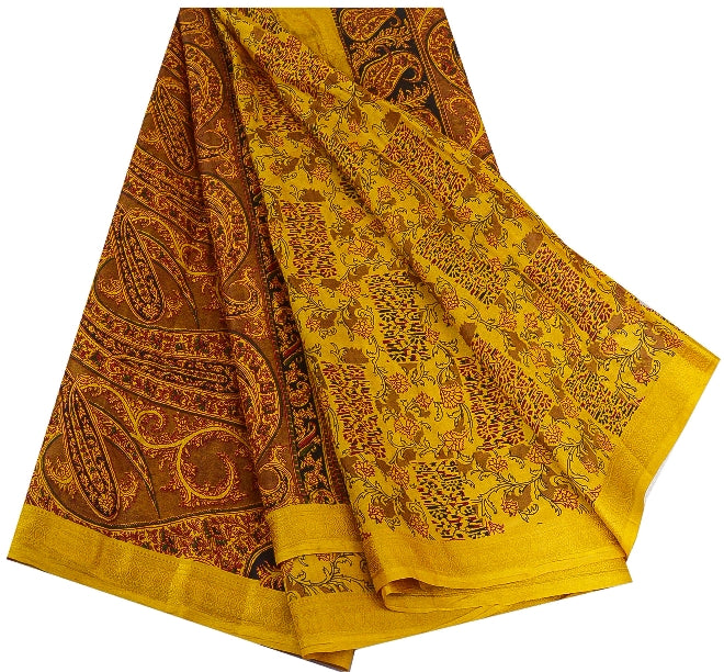 Sanskriti Vintage Sarees Indisk Safran Ren Silke Trykt Sari 5yd Håndværk Bæredygtigt Stoff