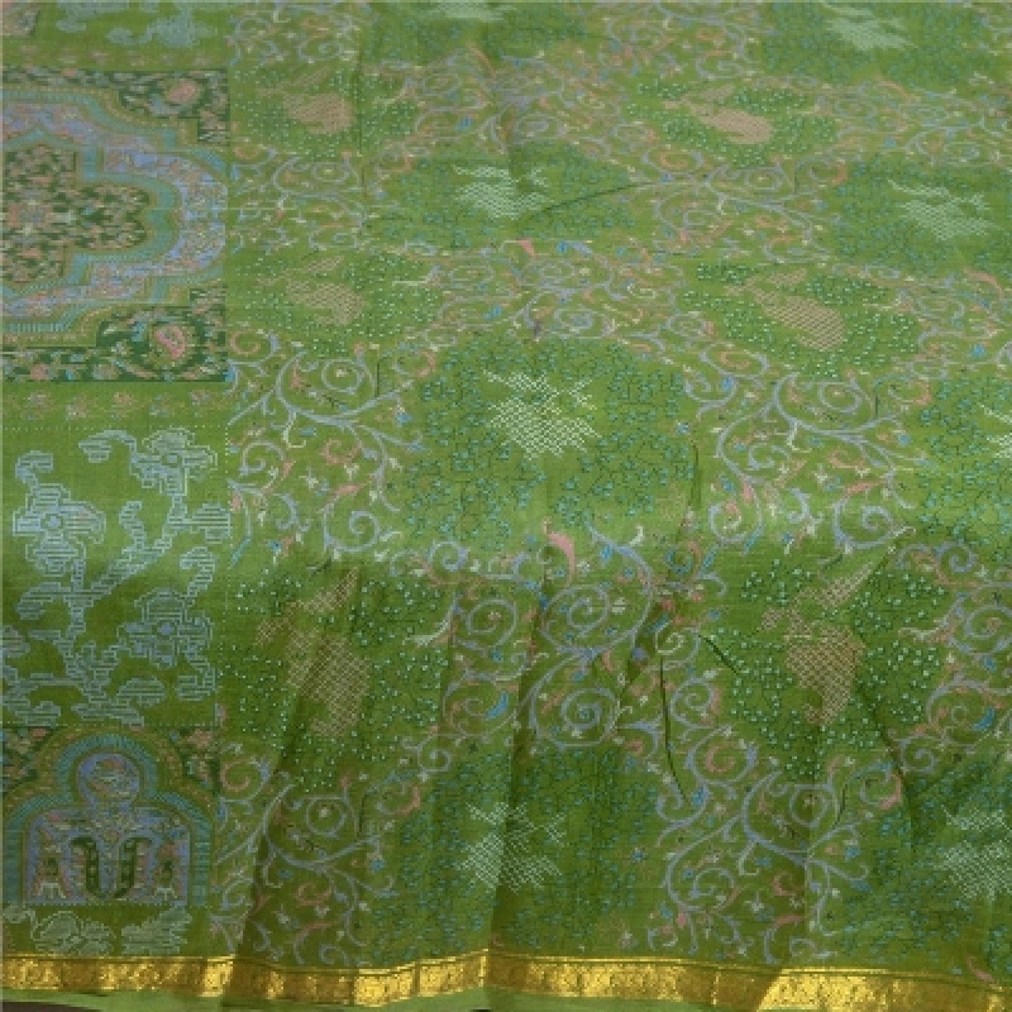 Sanskriti Vintage Sarees Green Zari Border Pure Silk Printed Sari Craft Sustainable Fabric