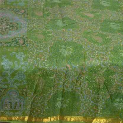 Sanskriti Vintage Sarees Green Zari Border Pure Silk Printed Sari Craft Sustainable Fabric