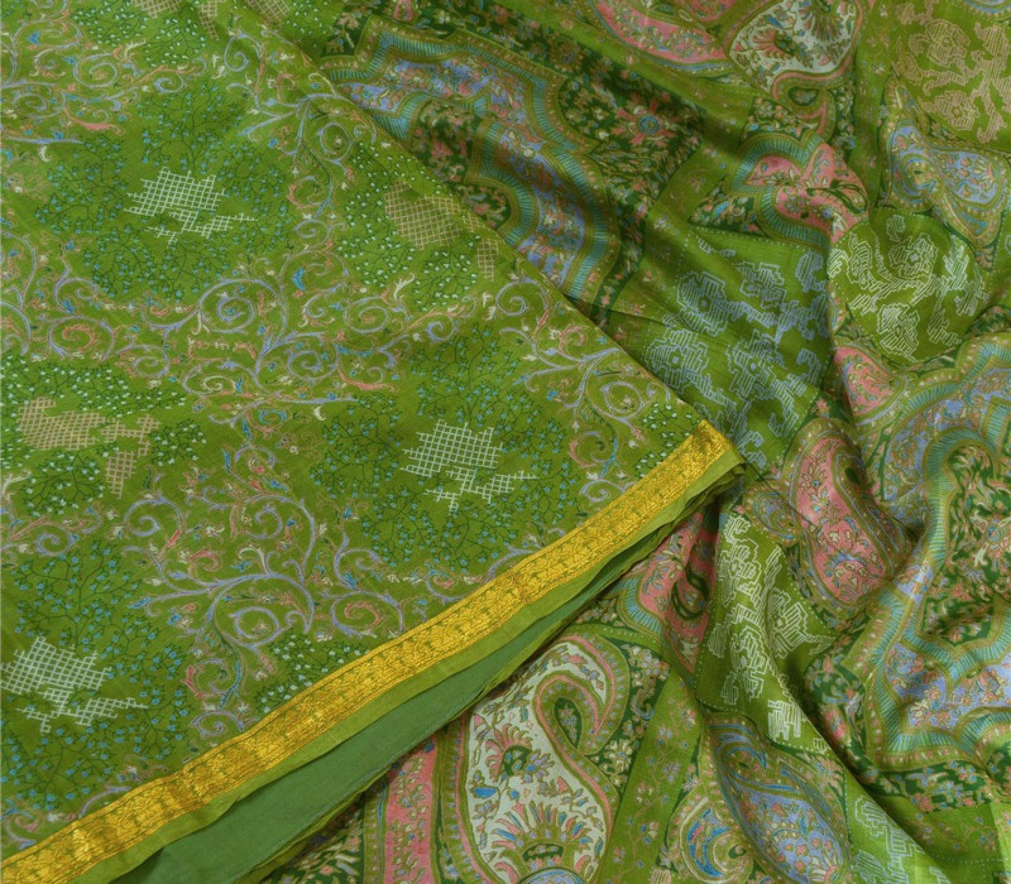 Sanskriti Vintage Sarees Green Zari Border Pure Silk Printed Sari Craft Sustainable Fabric