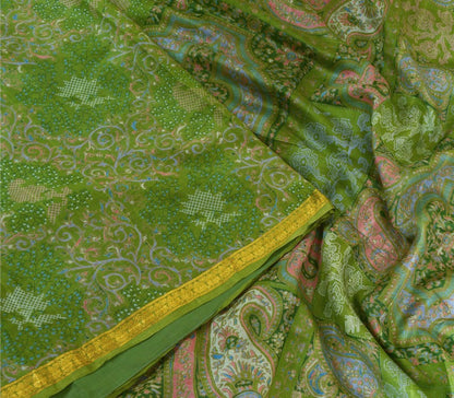 Sanskriti Vintage Sarees Green Zari Border Pure Silk Printed Sari Craft Sustainable Fabric