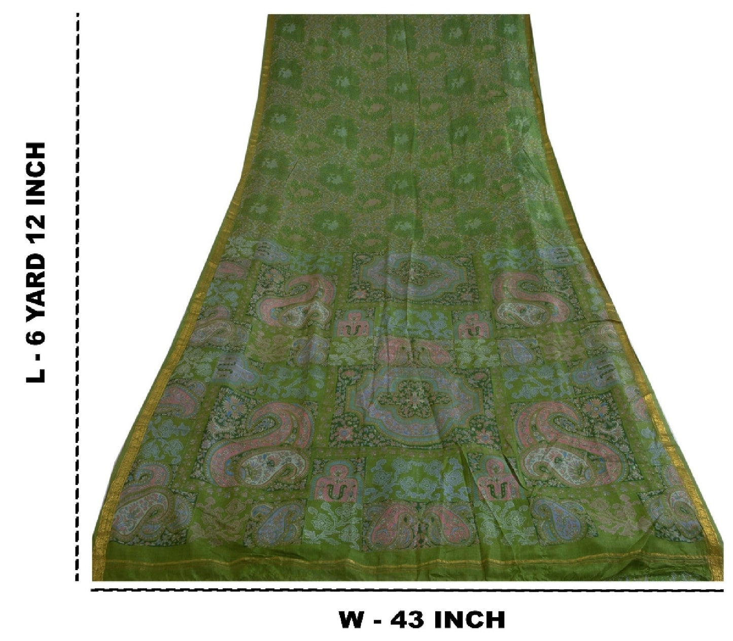 Sanskriti Vintage Sarees Green Zari Border Pure Silk Printed Sari Craft Sustainable Fabric