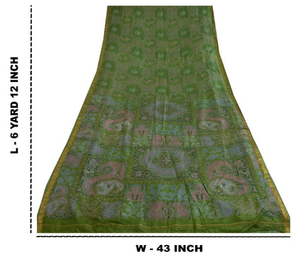 Sanskriti Vintage Sarees Green Zari Border Pure Silk Printed Sari Craft Sustainable Fabric