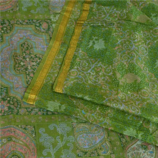 Sanskriti Vintage Sarees Green Zari Border Pure Silk Printed Sari Craft Sustainable Fabric