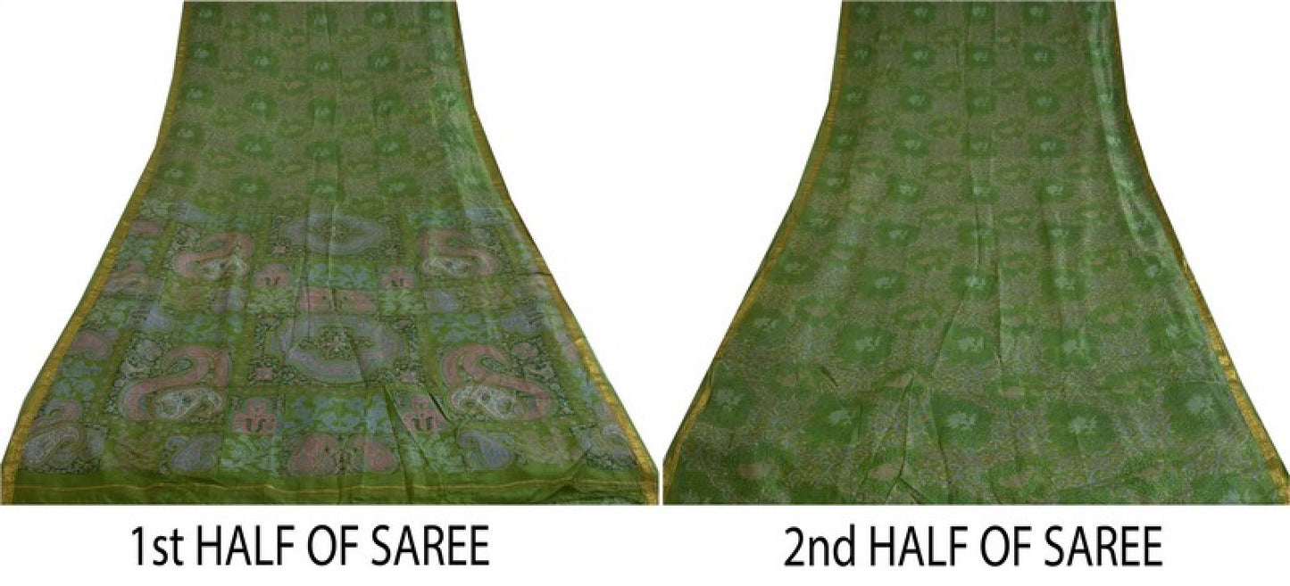 Sanskriti Vintage Sarees Green Zari Border Pure Silk Printed Sari Craft Sustainable Fabric