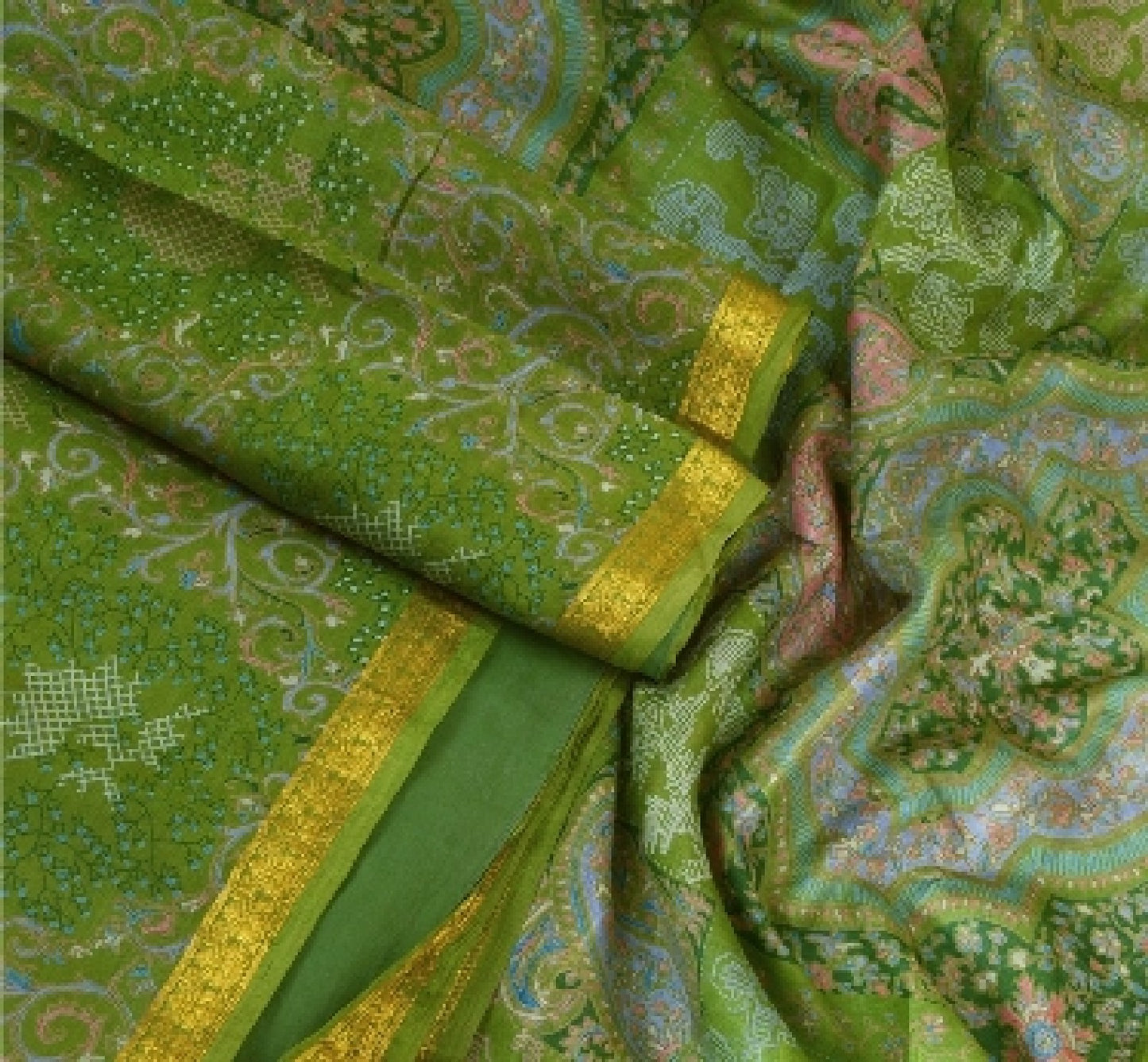 Sanskriti Vintage Sarees Green Zari Border Pure Silk Printed Sari Craft Sustainable Fabric