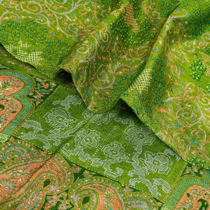 Sanskriti Vintage Sarees Green Zari Border Pure Silk Printed Sari Craft Sustainable Fabric