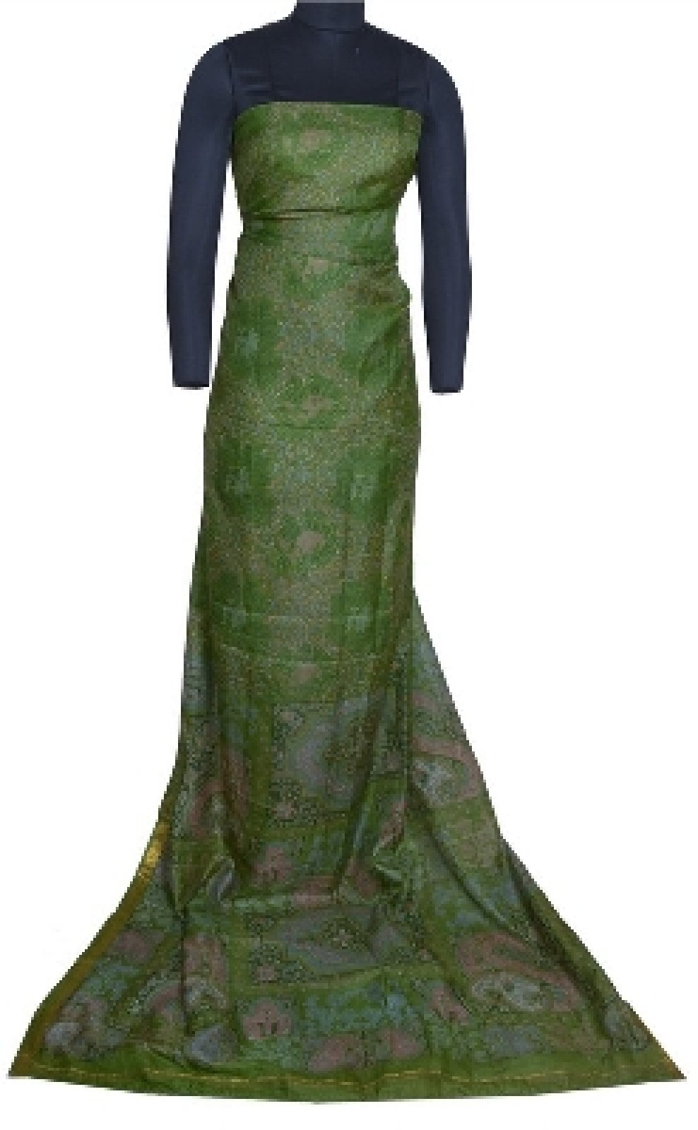 Sanskriti Vintage Sarees Green Zari Border Pure Silk Printed Sari Craft Sustainable Fabric