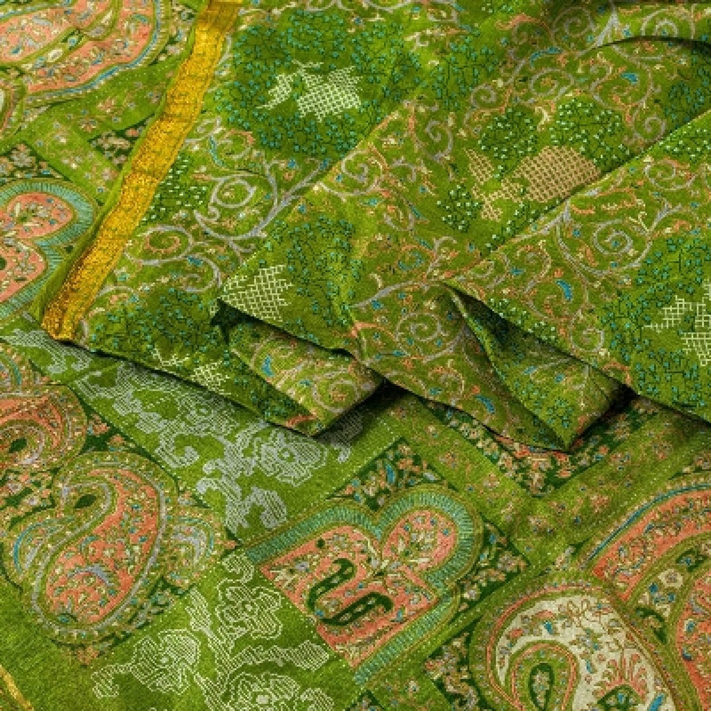 Sanskriti Vintage Sarees Green Zari Border Pure Silk Printed Sari Craft Sustainable Fabric