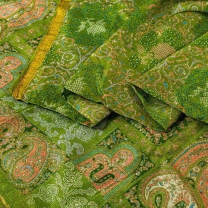 Sanskriti Vintage Sarees Green Zari Border Pure Silk Printed Sari Craft Sustainable Fabric