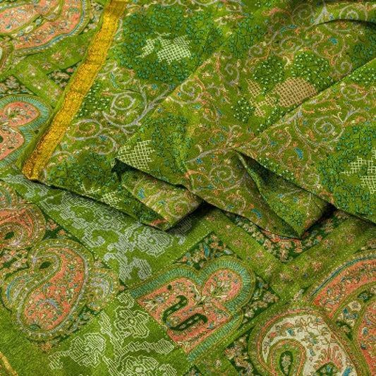 Sanskriti Vintage Sarees Green Zari Border Pure Silk Printed Sari Craft Sustainable Fabric