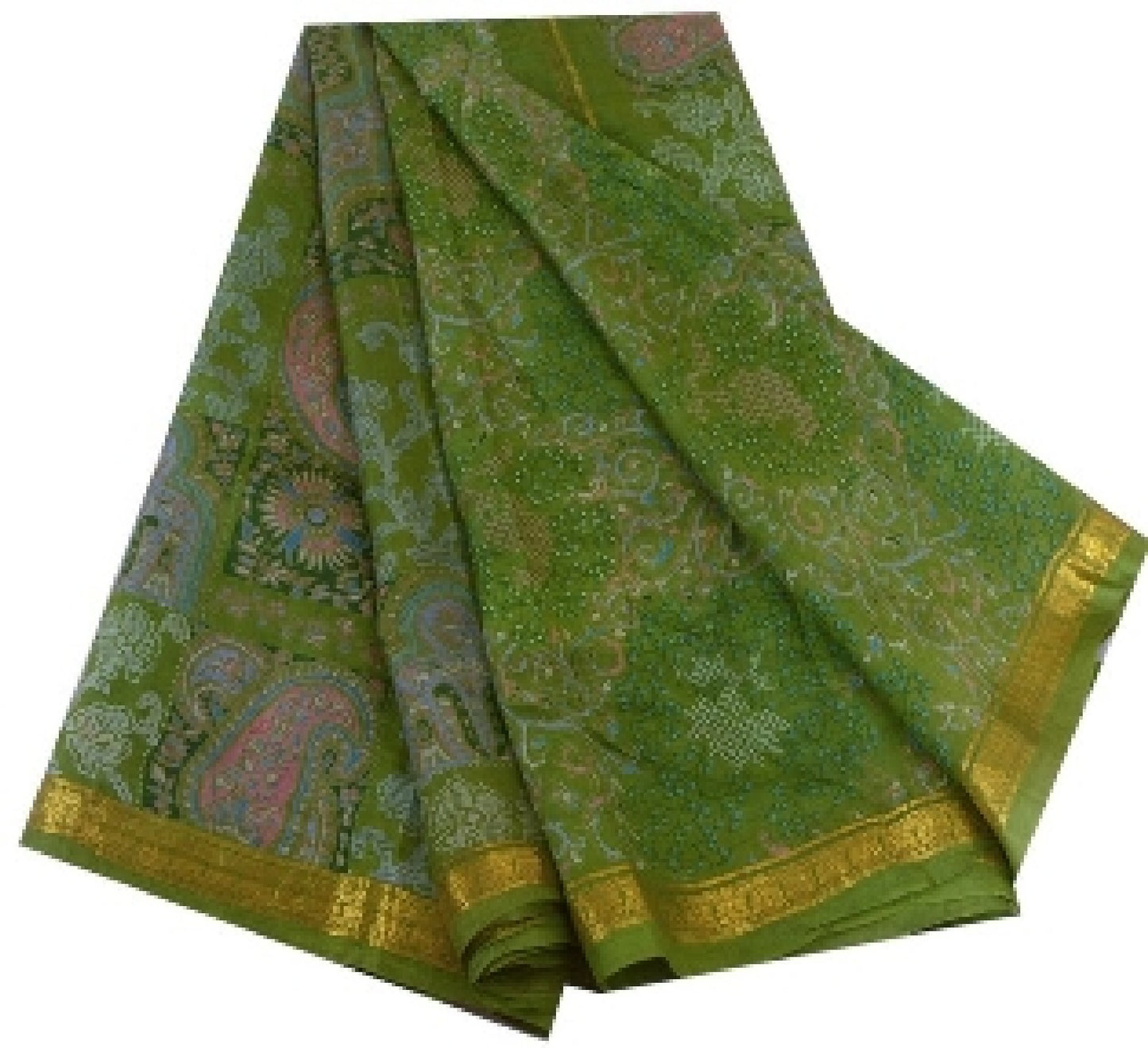 Sanskriti Vintage Sarees Green Zari Border Pure Silk Printed Sari Craft Sustainable Fabric