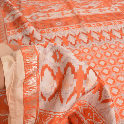Sanskriti Vintage Sarees Orange Animal Printed 100% Pure Silk Sari Craft Sustainable Fabric