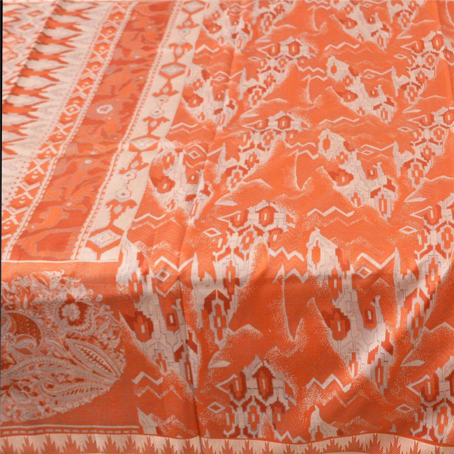 Sanskriti Vintage Sarees Orange Animal Printed 100% Pure Silk Sari Craft Sustainable Fabric