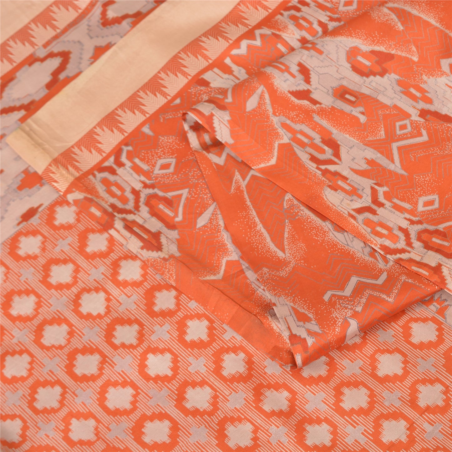 Sanskriti Vintage Sarees Orange Animal Printed 100% Pure Silk Sari Craft Sustainable Fabric