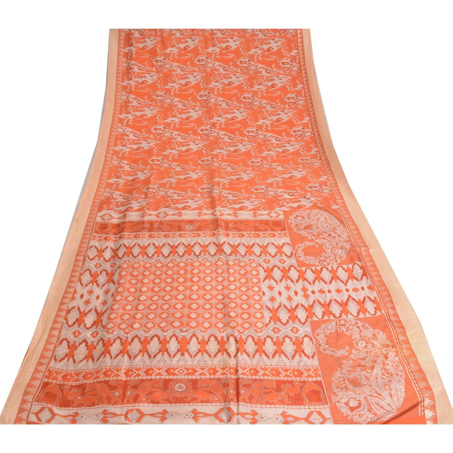 Sanskriti Vintage Sarees Orange Animal Printed 100% Pure Silk Sari Craft Sustainable Fabric