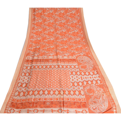 Sanskriti Vintage Sarees Orange Animal Printed 100% Pure Silk Sari Craft Sustainable Fabric