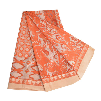 Sanskriti Vintage Sarees Orange Animal Printed 100% Pure Silk Sari Craft Sustainable Fabric