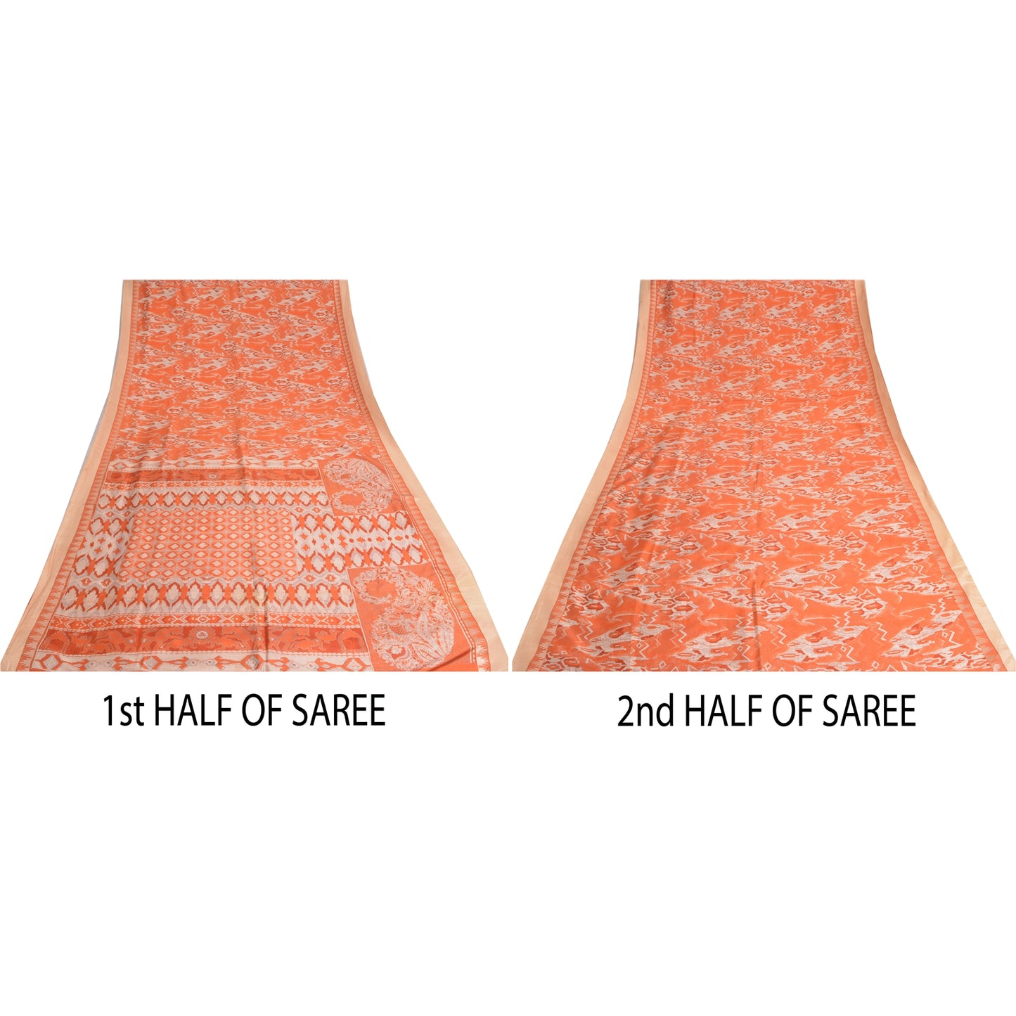 Sanskriti Vintage Sarees Orange Animal Printed 100% Pure Silk Sari Craft Sustainable Fabric