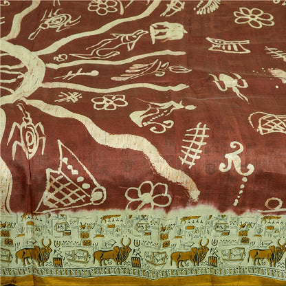 Sanskriti Vintage Sarees Indian Cream/Red Pure Silk Printed Sari Craft Sustainable Fabric
