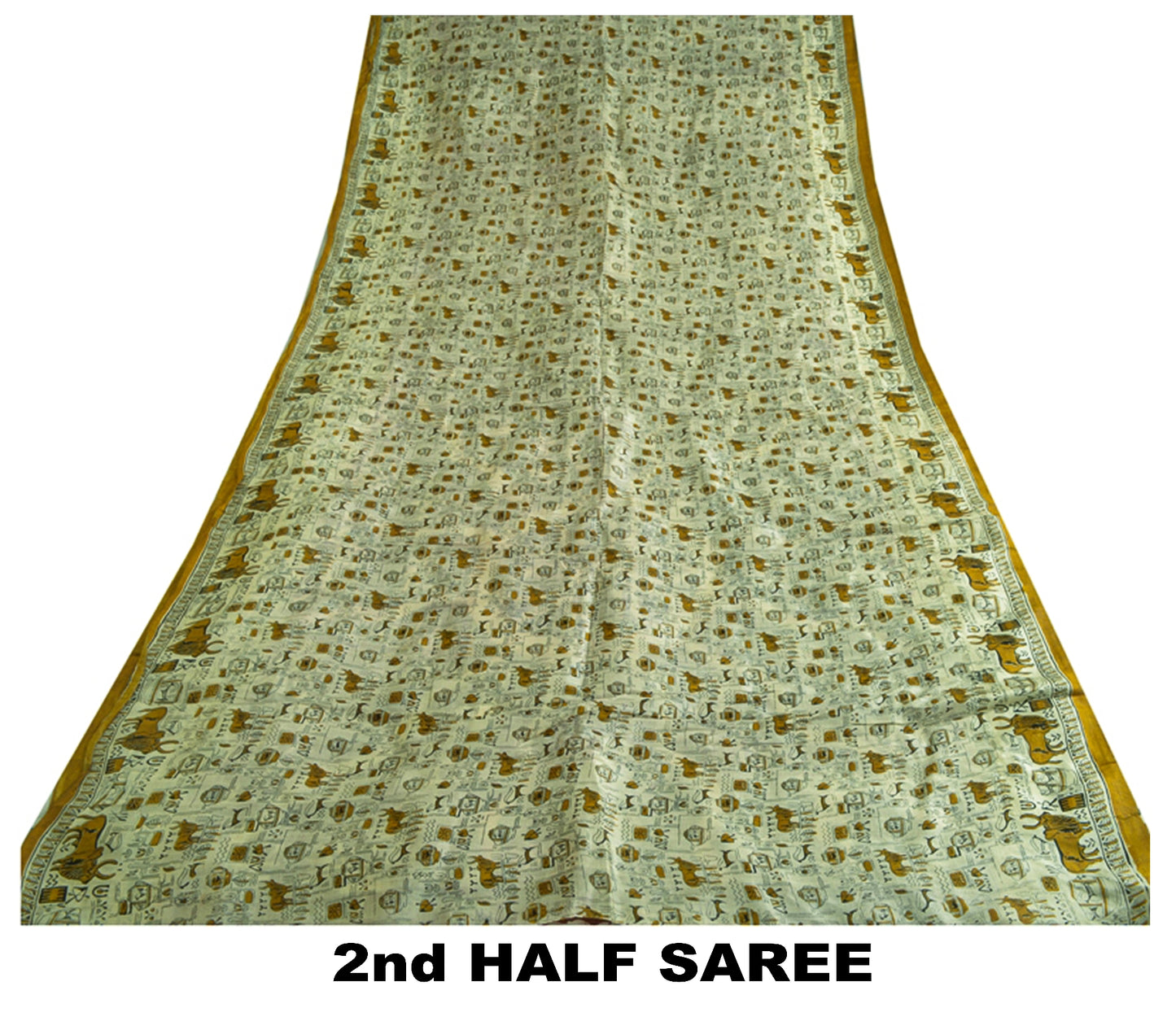 Sanskriti Vintage Sarees Indian Cream/Red Pure Silk Printed Sari Craft Sustainable Fabric