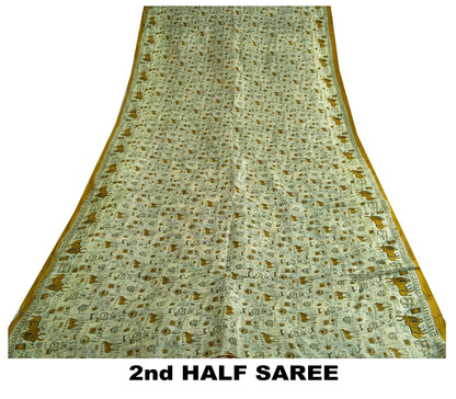 Sanskriti Vintage Sarees Indian Cream/Red Pure Silk Printed Sari Craft Sustainable Fabric