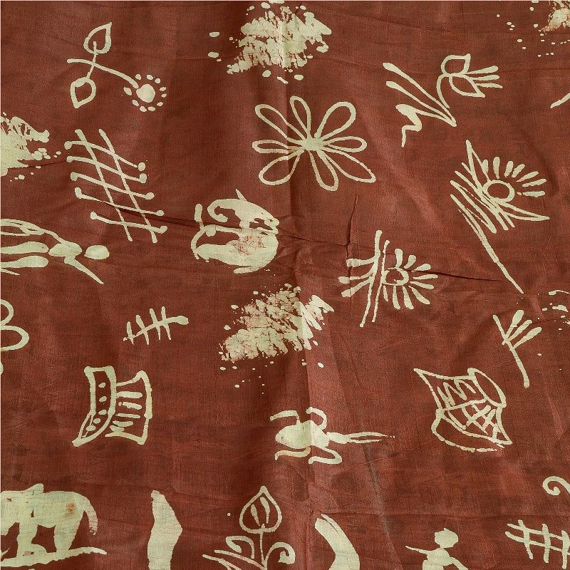 Sanskriti Vintage Sarees Indian Cream/Red Pure Silk Printed Sari Craft Sustainable Fabric