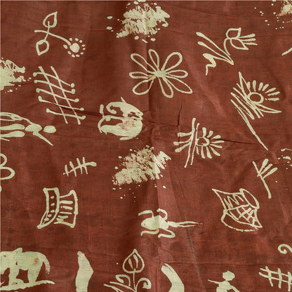 Sanskriti Vintage Sarees Indian Cream/Red Pure Silk Printed Sari Craft Sustainable Fabric