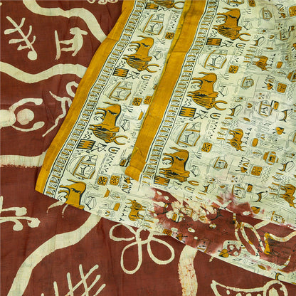 Sanskriti Vintage Sarees Indian Cream/Red Pure Silk Printed Sari Craft Sustainable Fabric