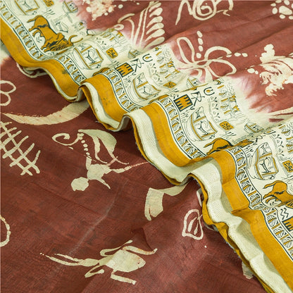 Sanskriti Vintage Sarees Indian Cream/Red Pure Silk Printed Sari Craft Sustainable Fabric