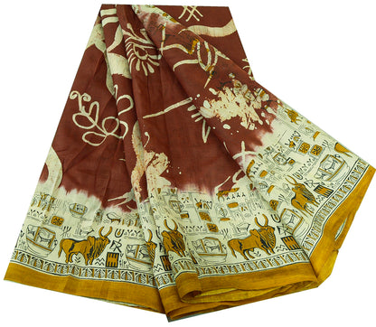 Sanskriti Vintage Sarees Indian Cream/Red Pure Silk Printed Sari Craft Sustainable Fabric