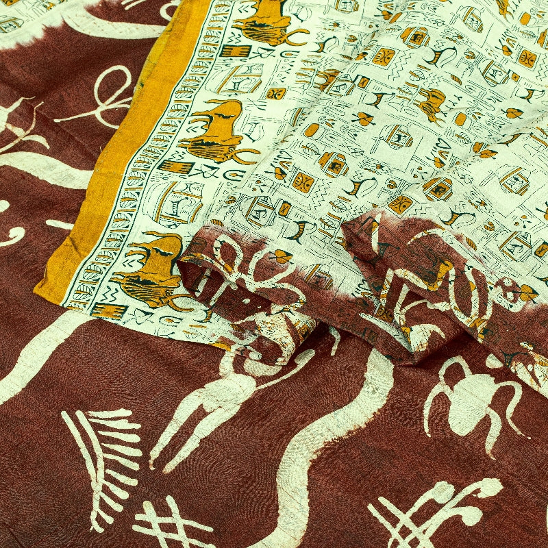 Sanskriti Vintage Sarees Indian Cream/Red Pure Silk Printed Sari Craft Sustainable Fabric