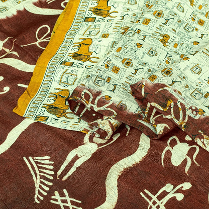 Sanskriti Vintage Sarees Indian Cream/Red Pure Silk Printed Sari Craft Sustainable Fabric