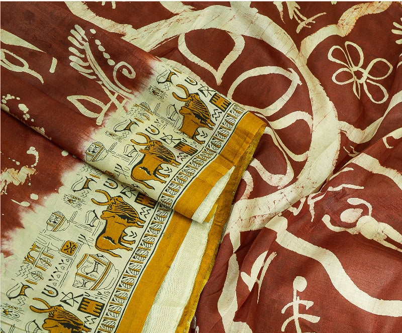 Sanskriti Vintage Sarees Indian Cream/Red Pure Silk Printed Sari Craft Sustainable Fabric