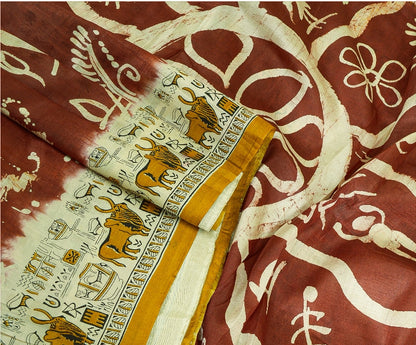 Sanskriti Vintage Sarees Indian Cream/Red Pure Silk Printed Sari Craft Sustainable Fabric
