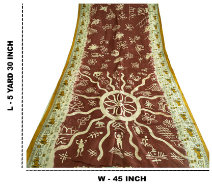 Sanskriti Vintage Sarees Indian Cream/Red Pure Silk Printed Sari Craft Sustainable Fabric